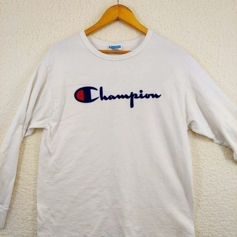 Men's Vintage Champion Long Sleeve Shirt w/ Fuzzy Felt Letters, Size Med…